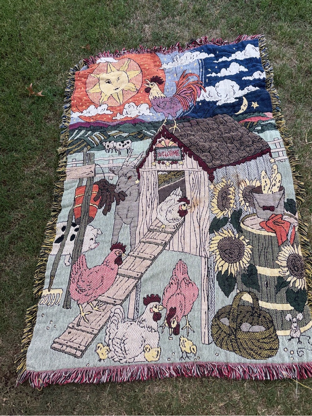 vintage woven tapestry throw country farm roosters chick sun moon sunflowers